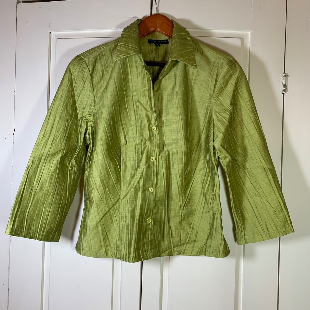 Randy Kemper Linen Blend Button Top Womens 6 Textured Career Wear Green‎ Blouse